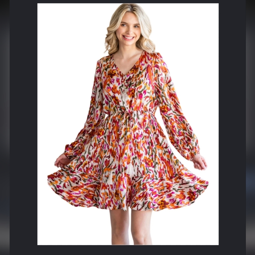 JODIFL Multicolor V‑Neck Mini Dress with Pink & Orange Print